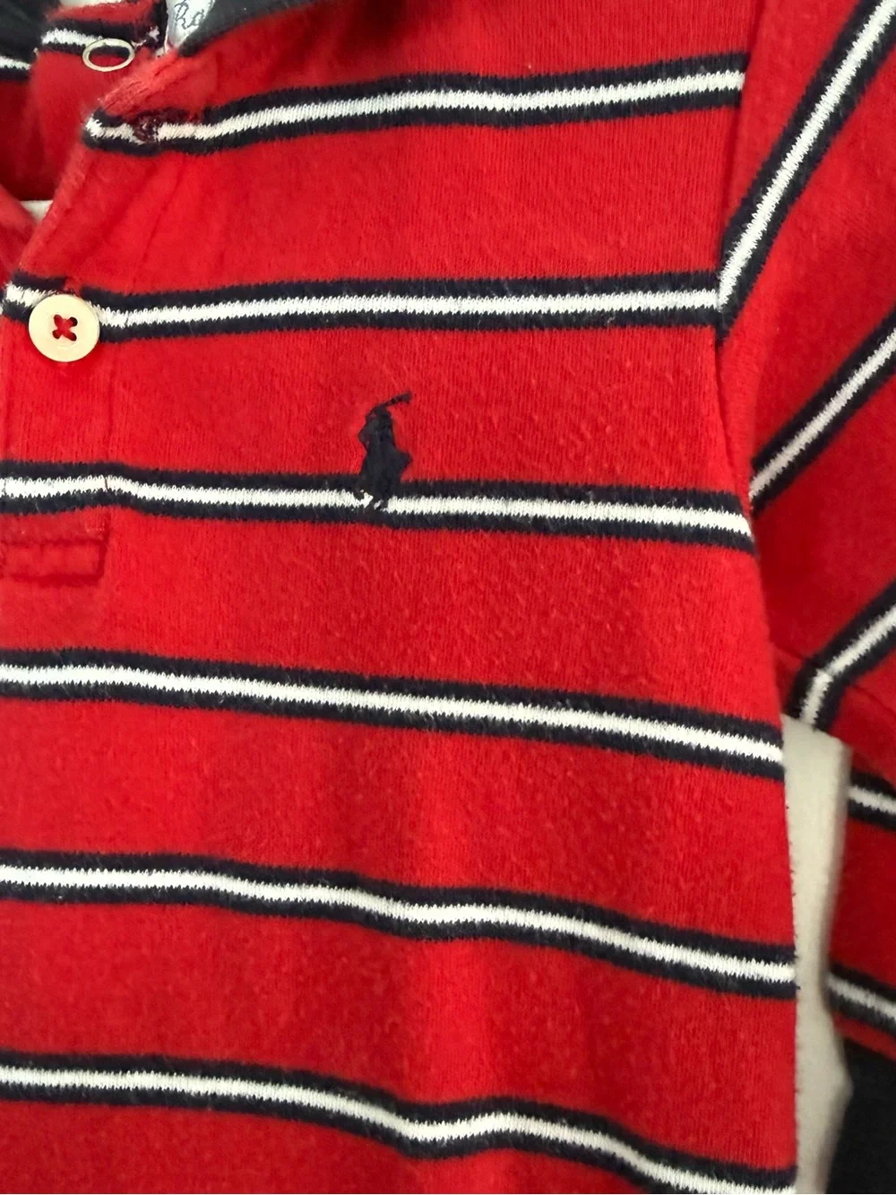 Ralph Lauren Footed One-Piece Collared Red & Navy Striped Sz 6-9m